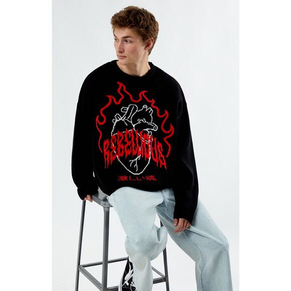 Pacsun Rebellious Flame Cropped Sweater M NWT Distressed Hem Woven Heart Grunge - Picture 1 of 5